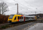Der VT 503 (95 80 1648 103-7 D-HEB / 95 80 1648 603-6 D-HEB), ein Alstom Coradia LINT 41 der neuen Generation, der HLB (Hessische Landesbahn GmbH), fhrt am 23.12.2022, als RB 95  Sieg-Dill-Bahn 