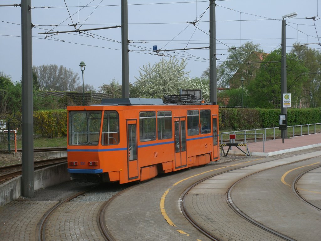 Arbeitswagen Tw 551 auf dem Abstellgleis im Depot Hamburger Stra�e,am 09.Mai 2013,in Rostock.