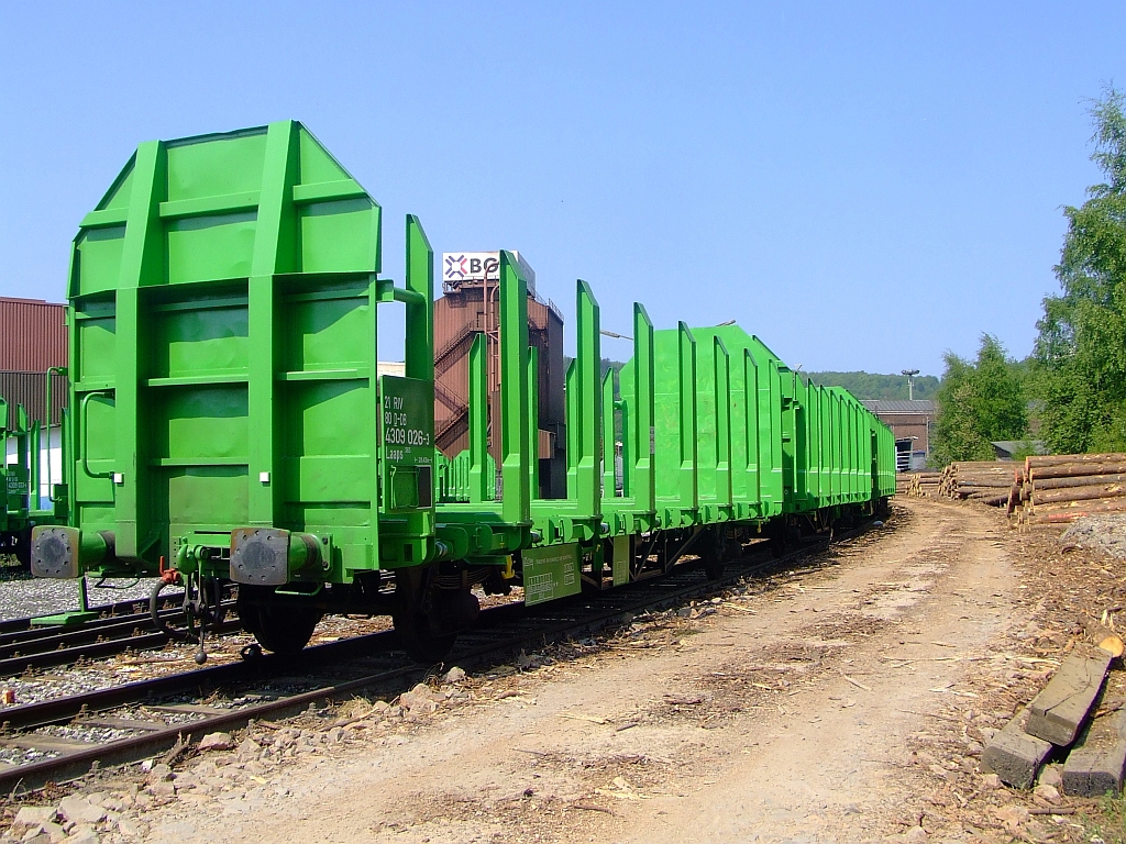 Kurzgekoppelter Rundholzwaggon Laaps mit Einzelrungen fr Holzlngen ab 2 m am 29.04.2007 in Siegen-Eintracht auf der Gleisanlage der Kreisbahn Siegen-Wittgenstein  (KSW).  Nach dem Orkan Kyrill in der Nacht vom 18./19. Januar 2007 waren in der Region groe Forstschden, in Siegen wurde sehr viel Bruchholz an die Schiene verladen.