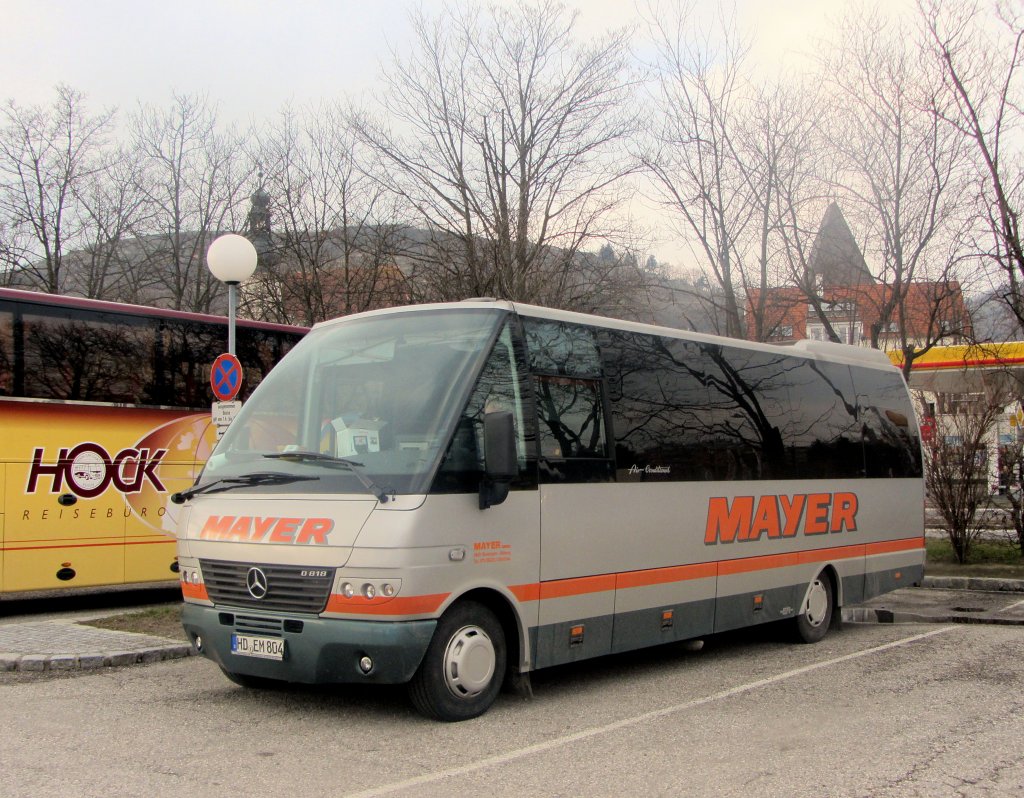 MERCEDES BENZ 0 818 von MAYER Reisen aus Deutschland im M�rz 2013 in Krems an der Donau gesehen.