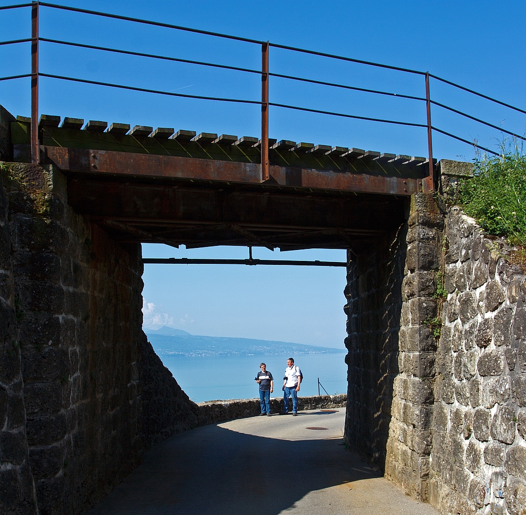 Nach den Abschiedsbildern des  Train des Vignes  (S31 -  Puidoux-Vevey) am 28.05.2012 aus den Weinbergen, mssen Stefan und Hans auf mich warten, da mein Abstieg etwas weiter war. Hier stehen schon hinter der Unterfhrung der Bahnstrecke Vevey-Puidoux bei Chexbres.