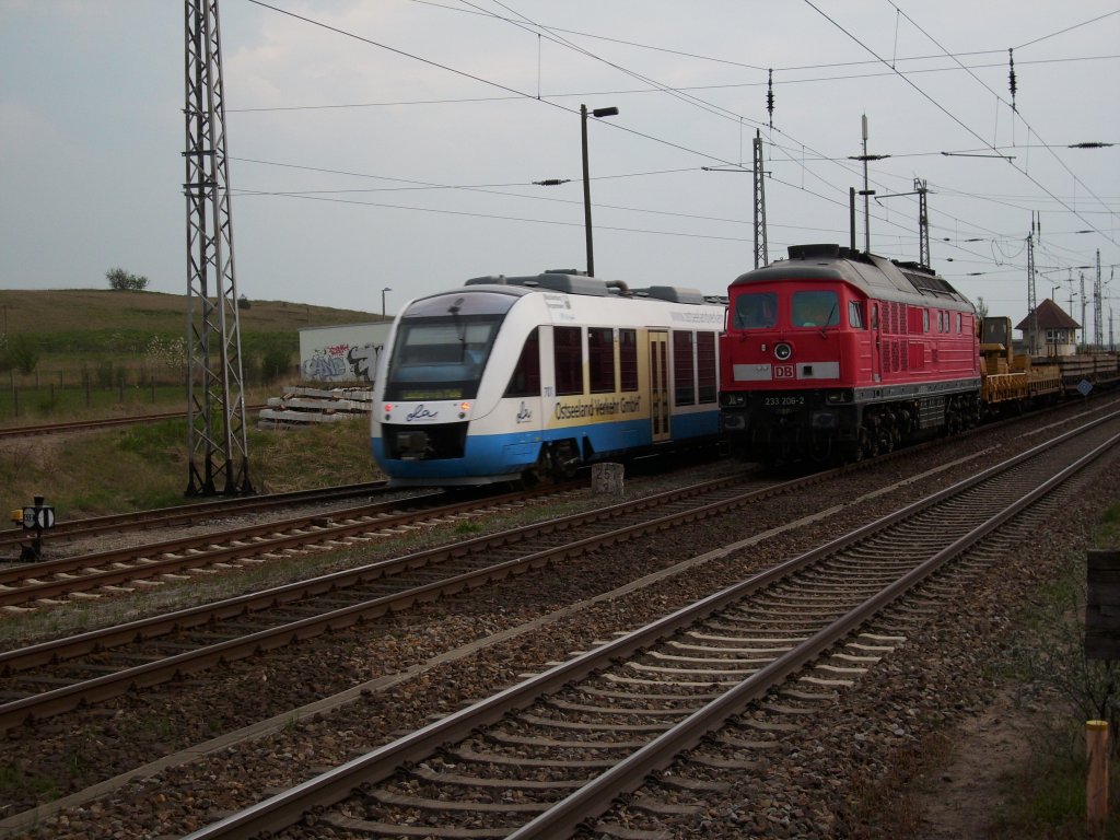OLA-Triebwagen 701 fuhr am Abend vom 27.April 2009 an 233 206 nach Lauterbach Mole bei der Ausfahrt aus Bergen/R�gen vorbei.