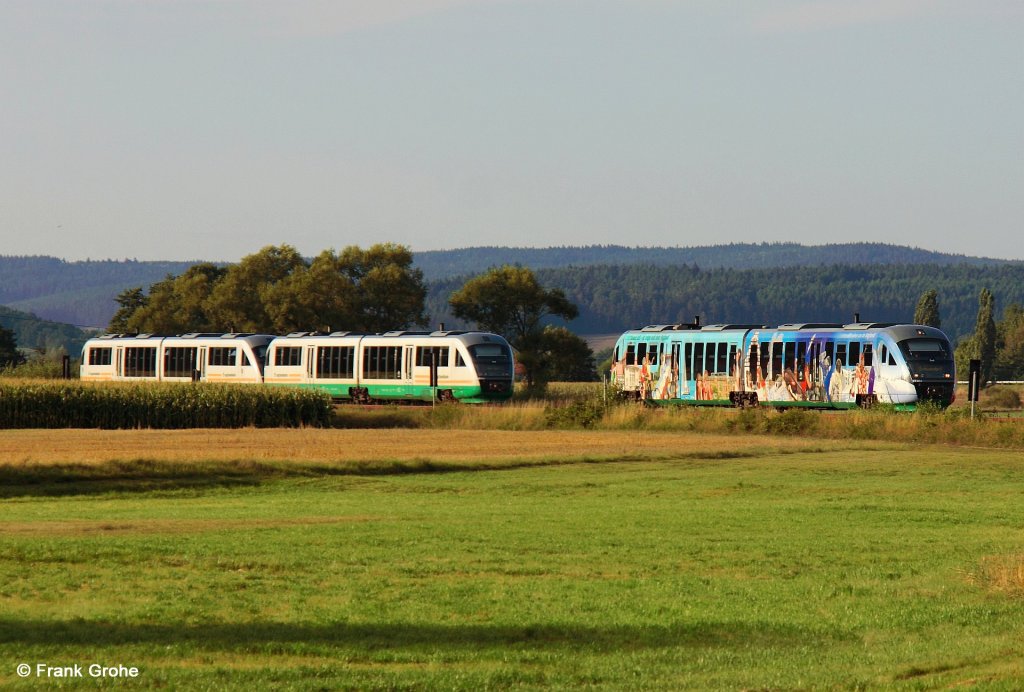 Vogtlandbahn VT 11 Desiro 642 311-4 + 811-3 und VT 13 642 313-0 + 813-9 Zug   Landkreis Hof   als VBG 81128 Schwandorf - Hof kreuzt mit VT 06 Desiro 642 306-4 + 806-3   Vogtlandzug   als VBG 81129 Hof - Schwandorf, KBS 855 Hof - Regensburg, fotografiert bei Nabburg am 23.08.2012