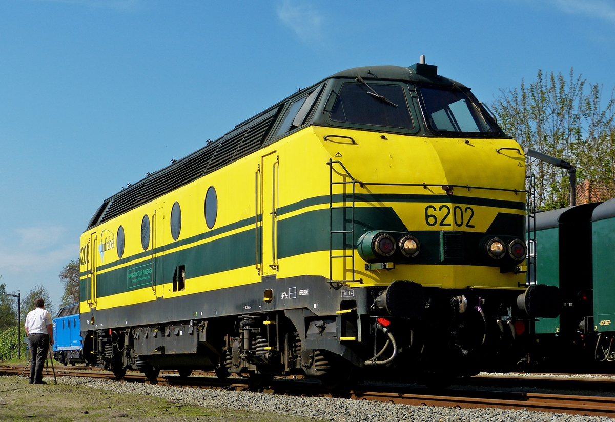 . Die HLD 6202 prsentierte sich der Fotografin am 05.04.2014 zur Portraitaufnahme im Bahnhof von Langerbrugge.

Insgesamt wurden von der Baureihe 62 zwischen 1961 und 1966 136 Maschinen (inklusive drei Vorserienmaschinen) bei Cockerill-Ougree in Seraing gebaut. Nach verschiedenen Abgngen sind heute noch 107 Maschinen dieses Typs im Einsatz. Bei der Baureihe 62 handelt es sich um eine leichtere, vierachsige Version der sechsachsigen Baureihe 55.

Zunchst wurden die 16,79 m langen Lokomotiven als Baureihe 212 ausgeliefert, wurden jedoch im Jahr 1971 in die Baureihe 62 umgezeichnet. Da die belgische Numerierung nur eine Anzahl von 100 Lokomotiven zult wurden die berzhligen Maschinen fortlaufend als 6300 bis 6333 und 6391-6393 bezeichnet. 

Angetrieben werden die vierachsigen Lokomotiven von einem 12-Zylinder V-Motor von General Motors. Der Antrieb erfolgt dieselelektrisch auf vier elektrische Fahrmotoren, die ebenfalls von GM hergestellt wurden.

Ausgeliefert wurden die Maschinen in einer grnen Lackierung mit gelben Streifen und nur zwei Stirnleuchten. Zwischenzeitlich wurden alle Loks mit einer dritten Stirnleuchte ausgestattet. Ab 1979 wurden die Fahrzeuge umlackiert. In der neuen gelben Lackierung, mit grnen Streifen sind die Loks heute noch anzutreffen.


In der Region war die Baureihe 62 vor grenzberschreitenden Zgen zwischen Belgien und Aachen-West anzutreffen hufig im Jahr 2003 nach Abstellung der Baureihe 51 anzutreffen. Sie befrderte bei diesen Einstzen ausschlielich Gterzge. Nach und nach sind diese Einstze zurckgegangen, bis die Baureihe letztlich nicht mehr in Aachen gesichtet werden konnte. Mit Ausnahme der 6330 werden alle Loks der Baureihe 62/63 nur noch im Arbeitszugdienst eingesetzt.

Technische Daten:

Baujahre: 1961-1966
Hersteller: BN (Brugeoise & Nivelles)
Anzahl: 136
Motorentyp: GM 12-567C
Spurweite: 1435 mm (Normalspur)
Dauerleistung: 	1050 kW
Hchstgeschwindigkeit: 120 km/h
Dienstgewicht: 	80,0 t
Lnge: 	16,79 m
Breite: 2,9 m
Hhe: 4,25 m
Treibraddurchmesser: 1010 mm
Achsfolge: Bo'Bo'

