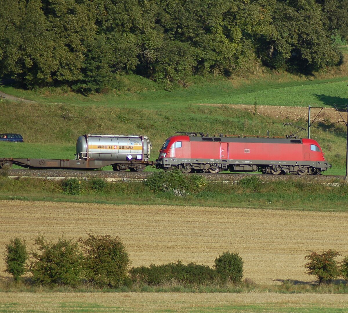 182 015-8 mit Containerzug bei Urspring am 26.08.2007.