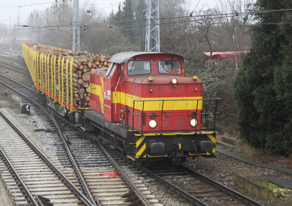 346 811-3 der Firma Rostocker Fracht und Fischereihafen war am 04.02.2017 im Bahnhof Rostock-Bramow mit dem Holzzug von Rostock-Bramow nach Stendal-Niederg�rne besch�ftigt.