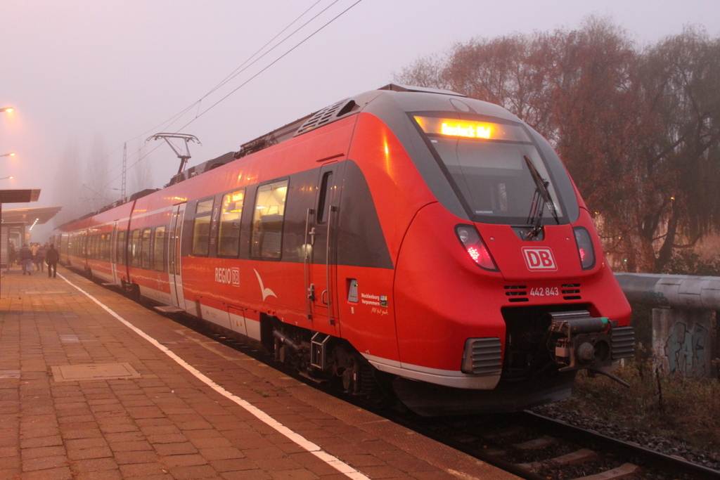 442 843 als S1(Warnem�nde-Rostock)kurz vor der Ausfahrt im Haltepunkt Rostock-Holbeinplatz am 25.11.2016 gegen 07:42 Uhr