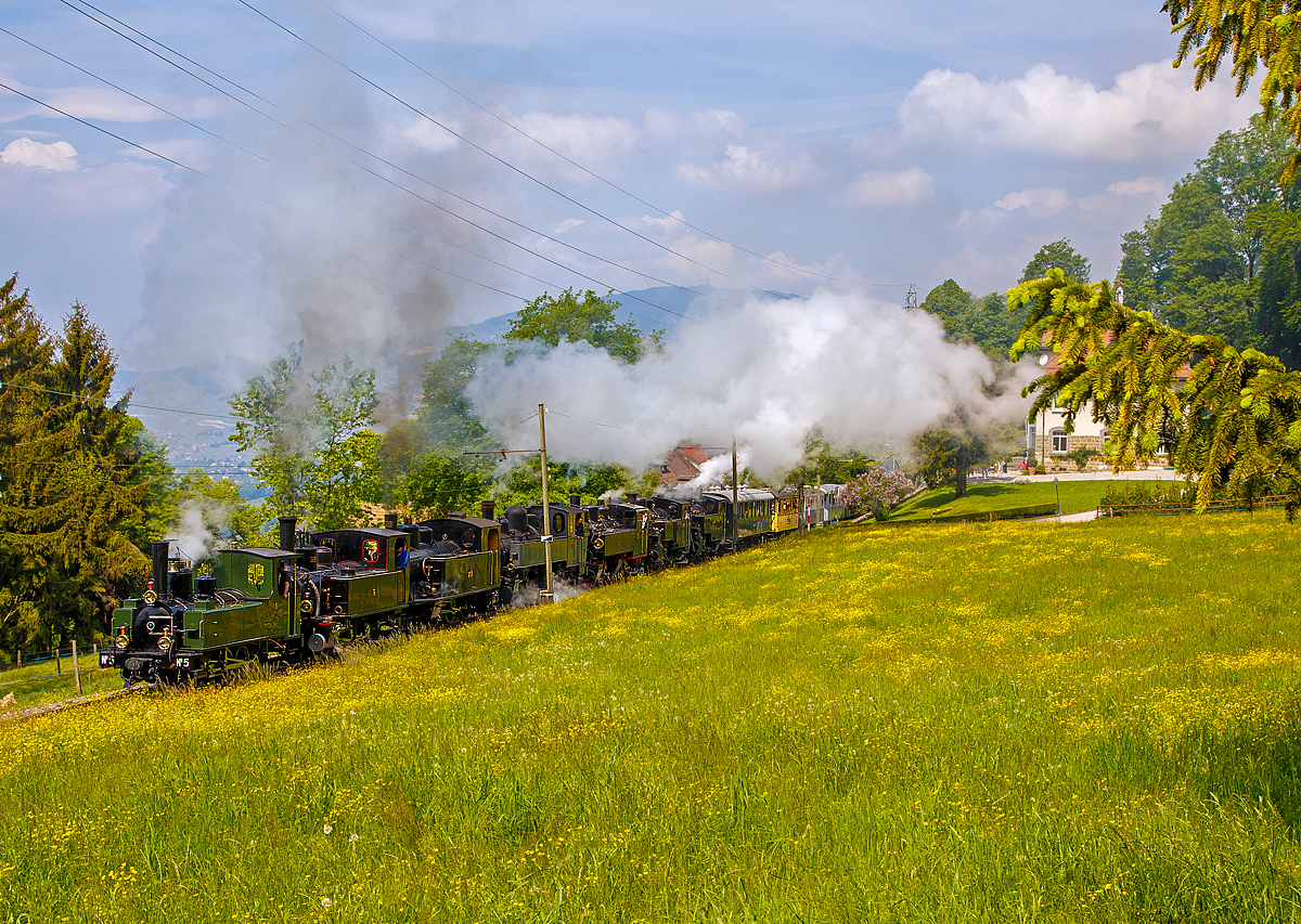 
50 Jahre BC - MEGA STEAM FESTIVAL der Museumsbahn Blonay–Chamby: Ein Höhepunkt war am Samstag (19.05.2018) der von gleich sieben Dampfloks gezogene Zug von Blonay nach Chamby, der hier nun bald Chamby erreicht. 

Die Loks (von vorne nach hinten) waren hier, 
- die G 3/3 LEB N° 5 (Bj. 1890), erhalten Sammlung B-C;  
- die G 3/3 BAM N° 6, teilw. auch als JS N° 909 beschildert (Bj. 1901), erhalten Sammlung B-C; 
- die G 3/4 SBB 208 (Bj. 1913) der Brünig Tallinie, erhalten durch die Ballenberg Dampfbahn;
- die G 2x 2/2 Malletdampflok CP  E 164 (Bj. 1905), ex Caminhos de Ferro de Portugal, erhalten durch La Traction SA; 
- die G 2x 2/2 Malletdampflok SEG 105  Todtnau  (Bj. 1918), erhalten Sammlung B-C; 
- die HG 3/4 - FO 4 (Bj. 1913), Furka-Oberalp-Bahn, erhalten durch die Dampfbahn Furka Bergstrecke, 
- sowie die HG 3/4 BFD N° 3, (Bj. 1913) ex Brig-Furka-Disentis (BFD), später FO, erhalten Sammlung B-C

Aber wie es Stefan schon schrieb, wären mir auch Züge mit einzelnen Dampfloks in kurzer Abfolge lieber gewesen.  
Auch wenn alle Loks unter Dampf standen, stellt sich mir die Frage ob alle gearbeitet haben. Denn das ist die hohe Kunst, sieben Loks in einen Gleichlauf zu bekommen und zu halten.   

Aber beeindrucken war es auf alle Fälle!!!