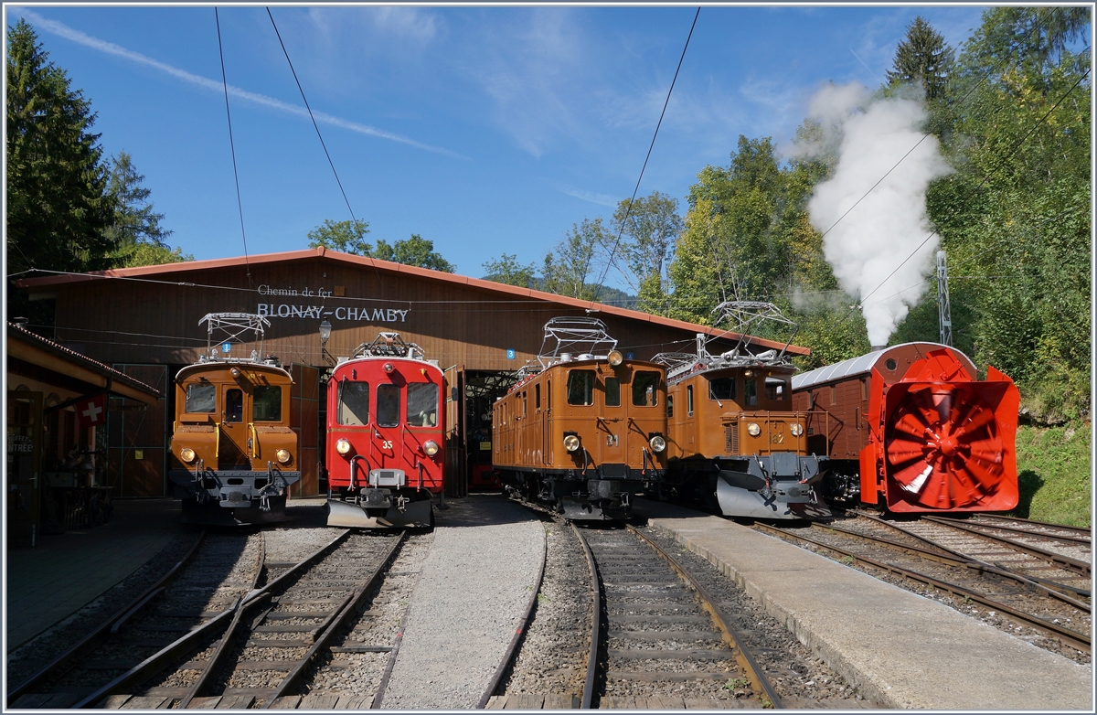 50 Jahre Blonay Chamby - MEGA BERNINA FESTIVAL: Unter dem Titel  Aligenment  fand in Chaulin eine Aufstellung der Bernina Fahrzeuge statt. Von links nach rechts: Die Rhb Ge 2/2 161 Asnin (Eselchen), der Rhb Bernina ABe 4/4 N° 35, die Bernina Bahn BB Ge 4/4 81 (ex BB Ge 6/6 81 bzw. ab 1929 Ge 4/4 81, später RhB Ge 4/4 181) mit dem Revisionsdatum 7.9.18, das Bernina Krokodil Ge 4/4 182 und die Dampfschneeschlauder Xrot D 9214 (bzw. 1052)

8. September 2018