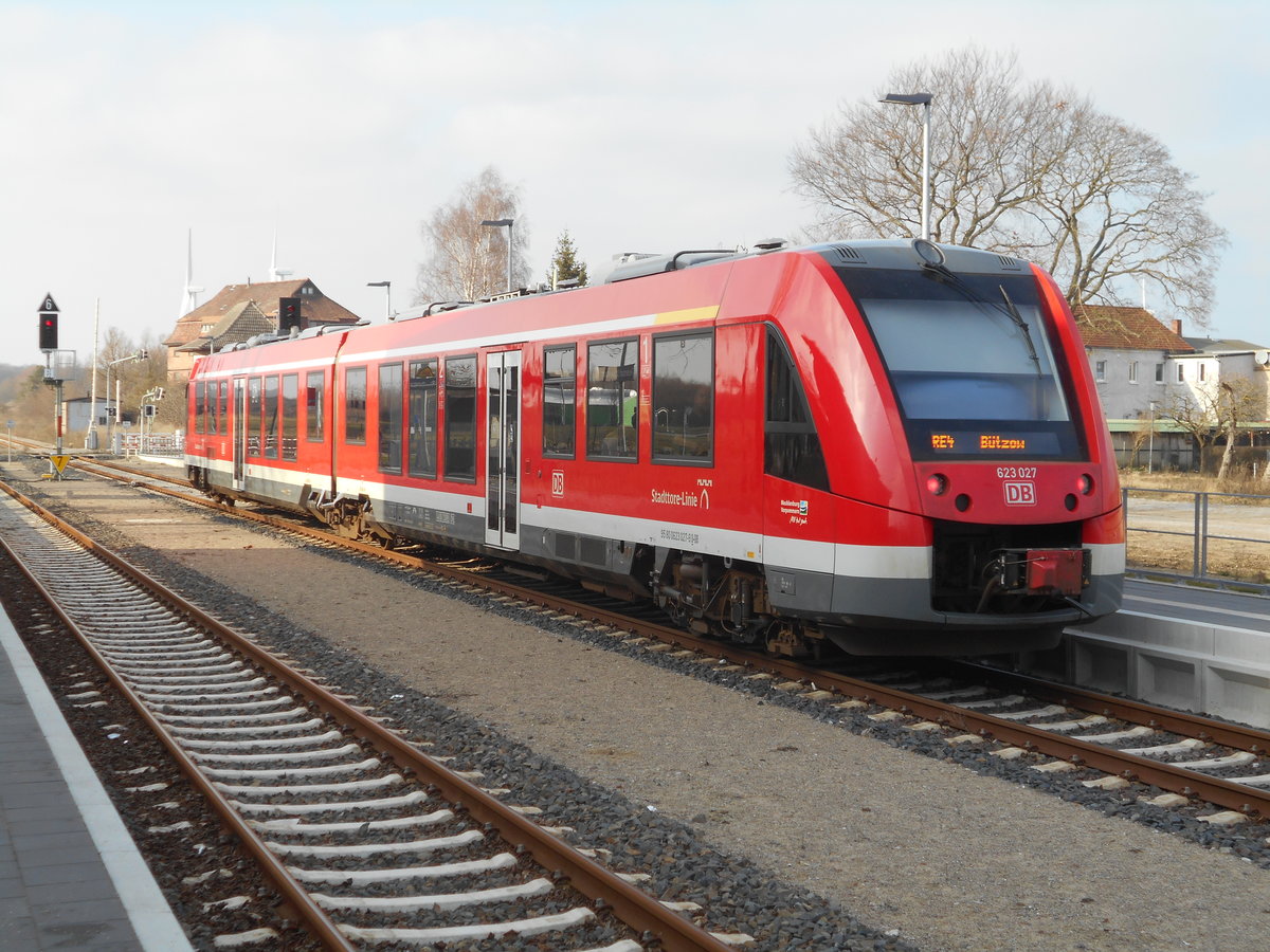 623 027,als RE Pasewalk-B�tzow,am 17.Februar 2019,in Reuterstadt Stavenhagen.