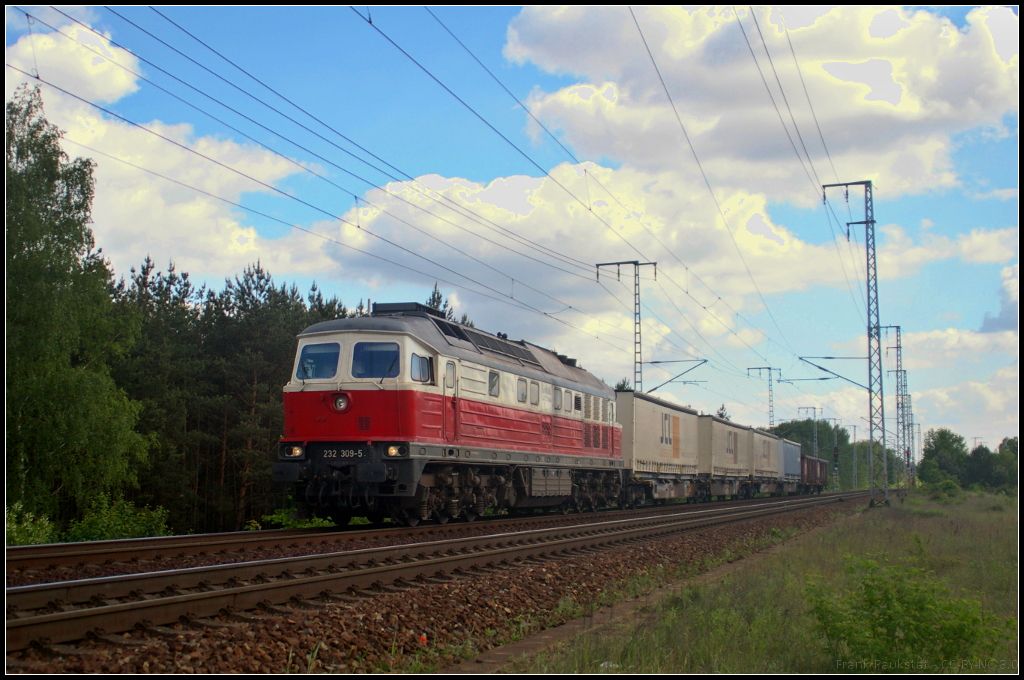 Als DB Cargo 232 309-5 mit ihrem gemischten G�terzug am 26.05.2017 an der Fotostelle in der Berliner Wuhlheide vorbei fuhr, versteckte sich die Sonne hinter einer Wolke. Die Lok ist von DB Schenker Rail Polska angemietet.