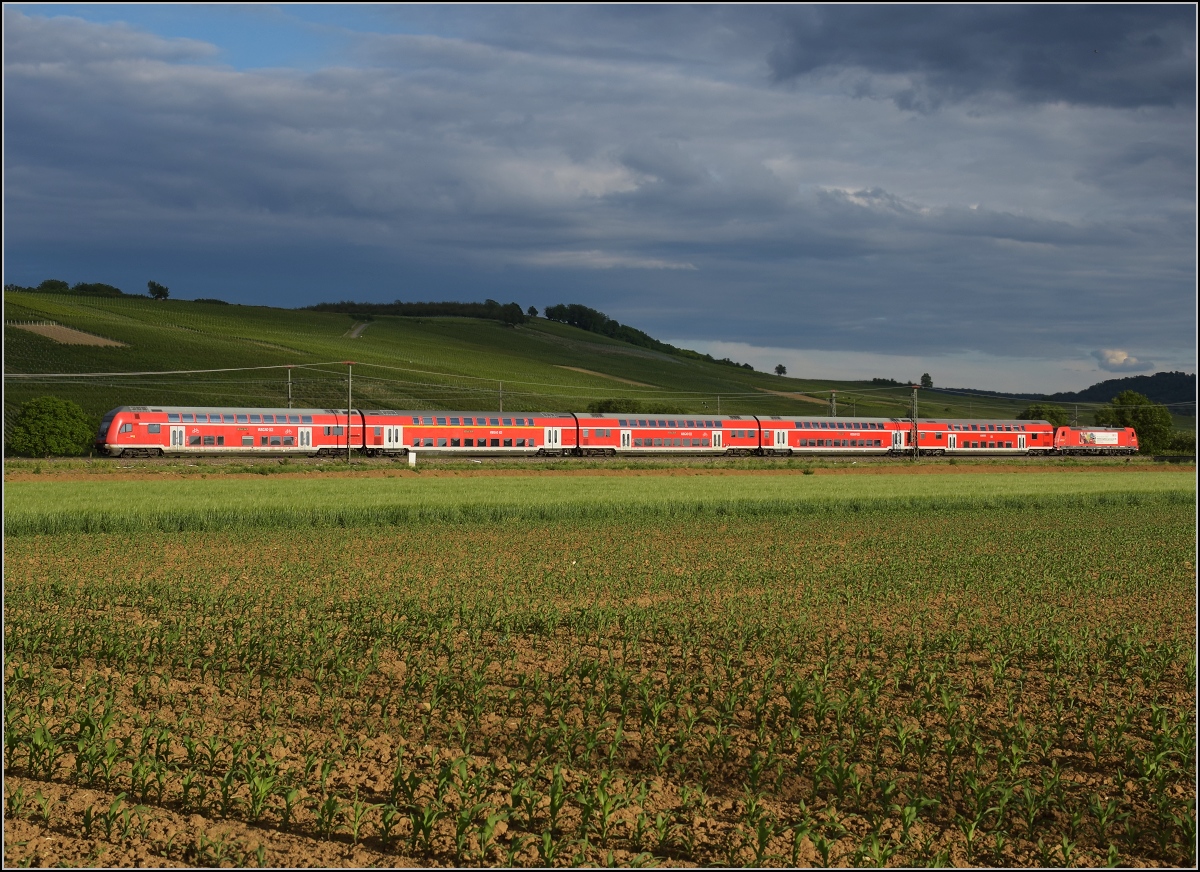 Auslaufmodell am Oberrhein. 146 218 mit Dostozug und Eigenwerbung nach Basel. Auggen, Mai 2020.