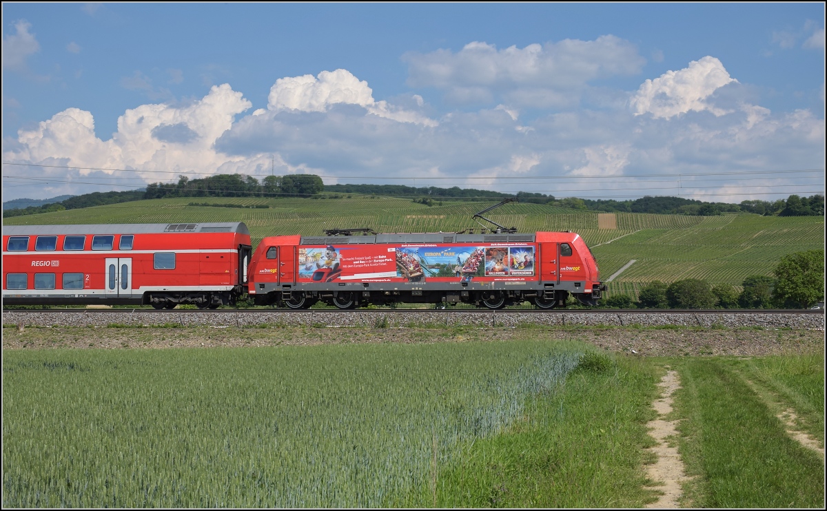 Auslaufmodell am Oberrhein. 146 229 im Europaparkkleid mit Dostozug nach Basel. Auggen, Mai 2020.