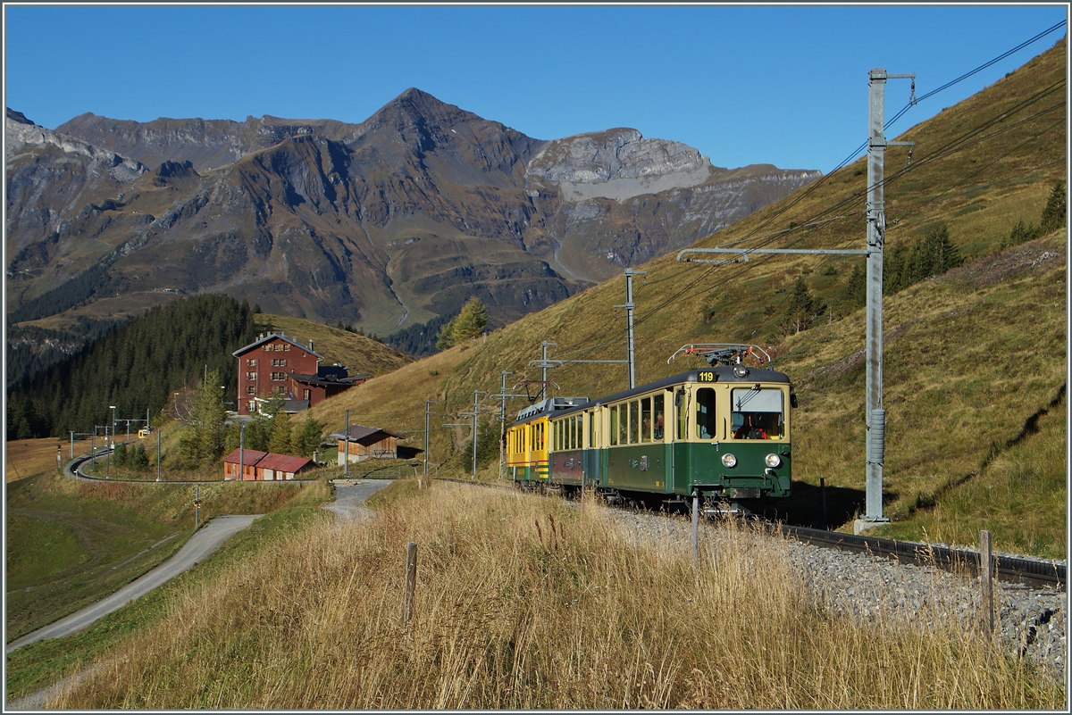 Bergwrts schiebt der WAB BDeh 4/4 119 kurz nach der Wengeneralp. 
9. Okt. 2014