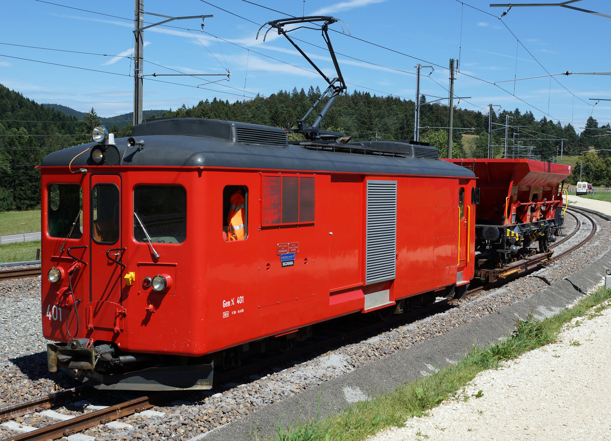 CJ: Schotterzug mit Gem 4/4 401 zwischen Tavannes und Tramelan am 3. August 2016.
Foto: Walter Ruetsch