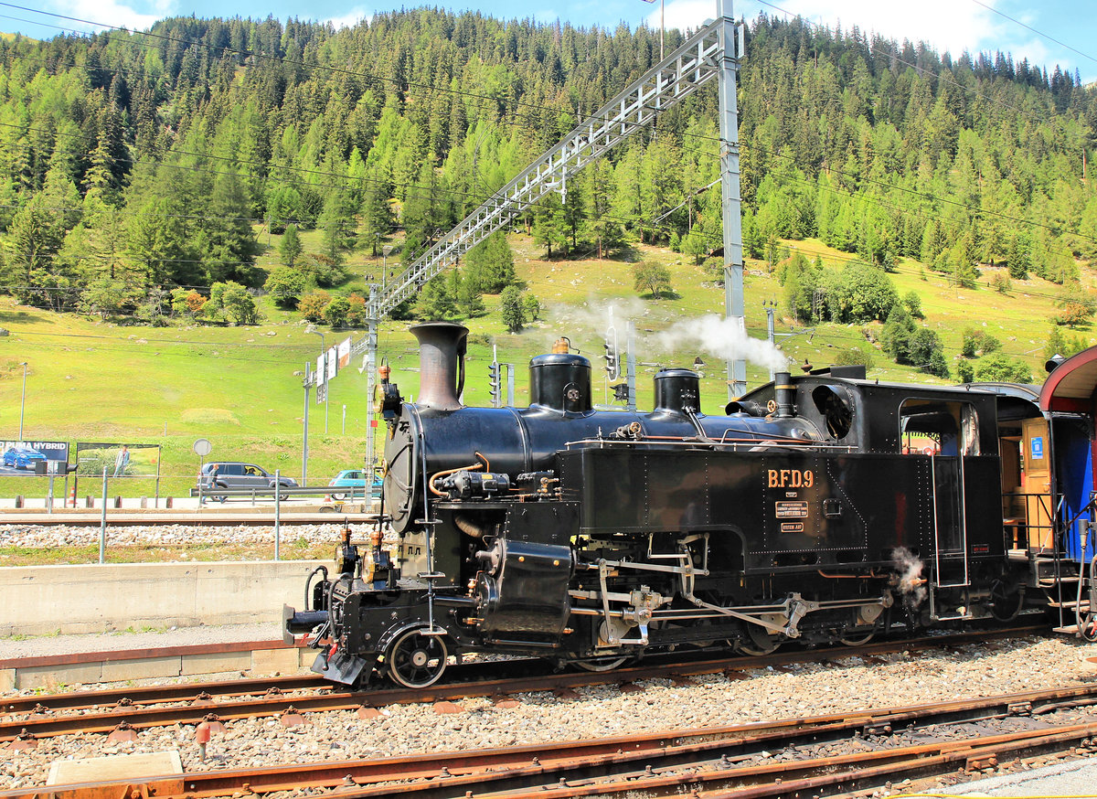 Dampfbahn Furka Bergstrecke: Die HG 3/4 9 (Bezeichnung B.F.D., Brig-Furka-Disentis) in Oberwald. 23.August 2020 