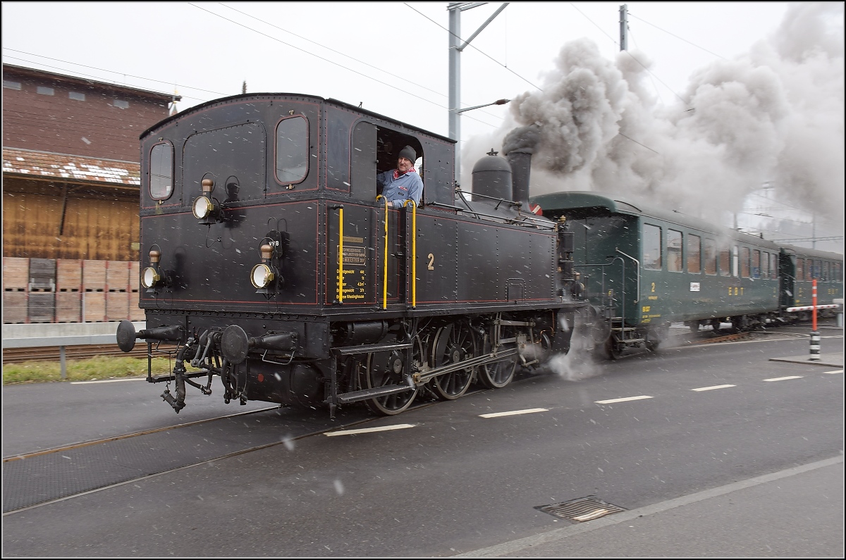 Dampflok Ed 3/4 Nr. 2 der Solothurn-Münster-Bahn in Huttwil. Betreut wird die Lok durch den Verein historische Emmentalbahn. Februar 2018.