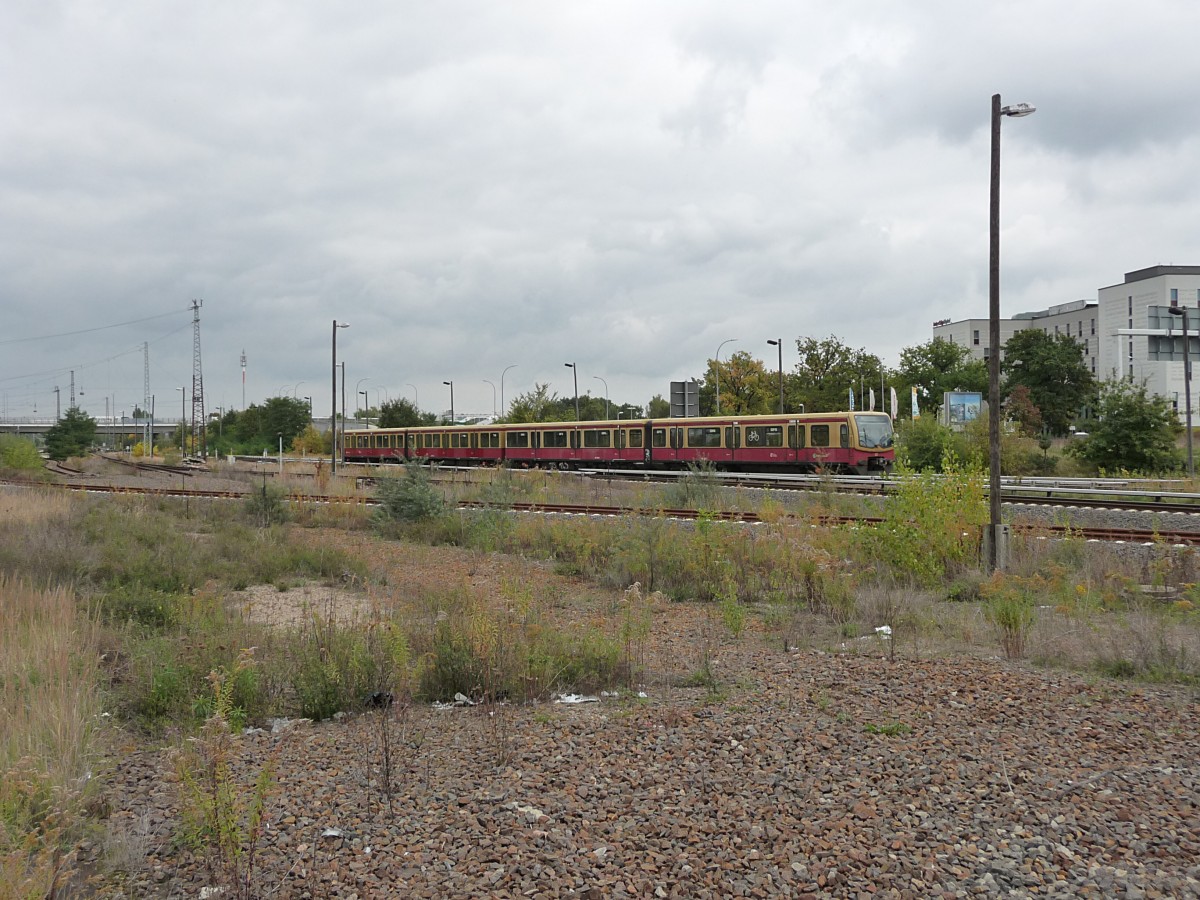 Das Bahnhofsgelnde in Schnefeld wirkt allgemein verwildert, zu DDR-Zeiten war der Bahnhof obligatorischer Schnellzughalt heute mit zwei RB-, zwei S-Bahn und einer RE-Linie ein Schatten seiner selbst. Aktuell fhrt die S-Bahn nicht mal mehr ins Stadtzentrum, sondern nur ber die Ringbahn.
Auf der S45 reichen dabei wohl Halbzge (vier Wagen), einer fhrt hier gerade durch die Schotterwste.