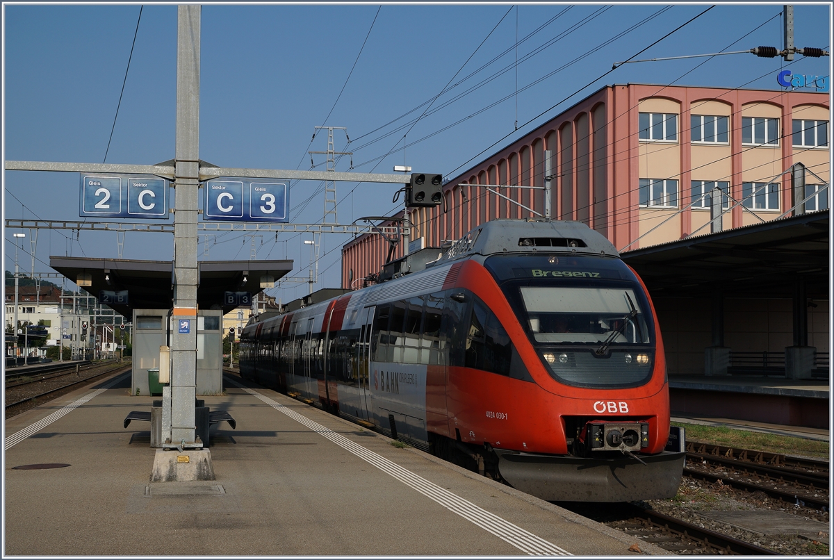 Das klassische  internationale  Bahnbild aus St.Margarethen: der ÖBB ET 4024 nach Bregenz; heute fährt die S-Bahn Vorarlberg mindestens jede Stunde, vor etlichen Jahren boten die ET 4030 nur etwa fünf Verbindungen an.
11. Sept. 2019