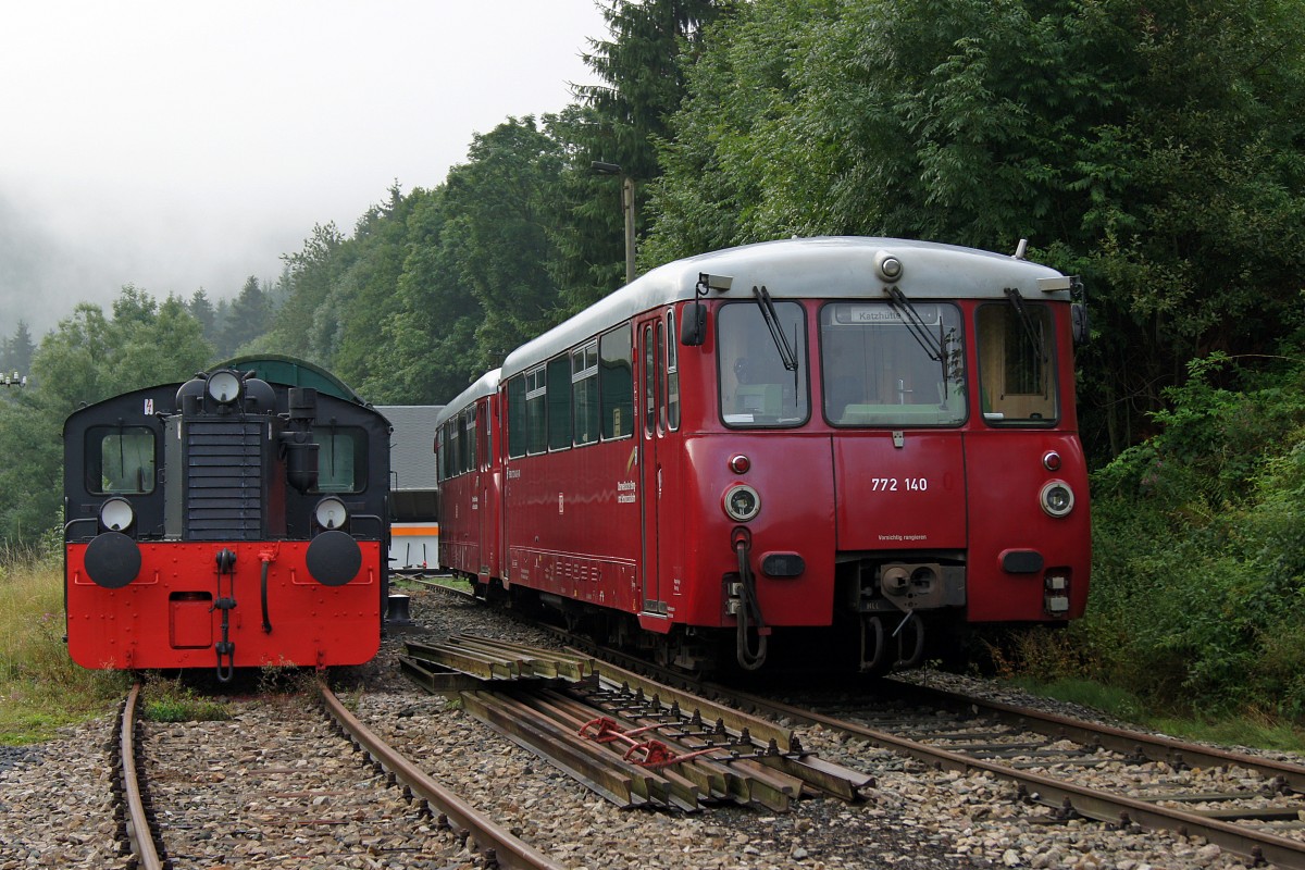 DB: Oldtimertreffen von ehemaligen DDR-Fahrzeugen bei der Obstfelderschmiede, wo die Schwarzatalbahn nach Rottenbach und die Oberweissenbacher Bergbahn zusammentreffen, am 14.8.2010. 
Foto: Walter Ruetsch