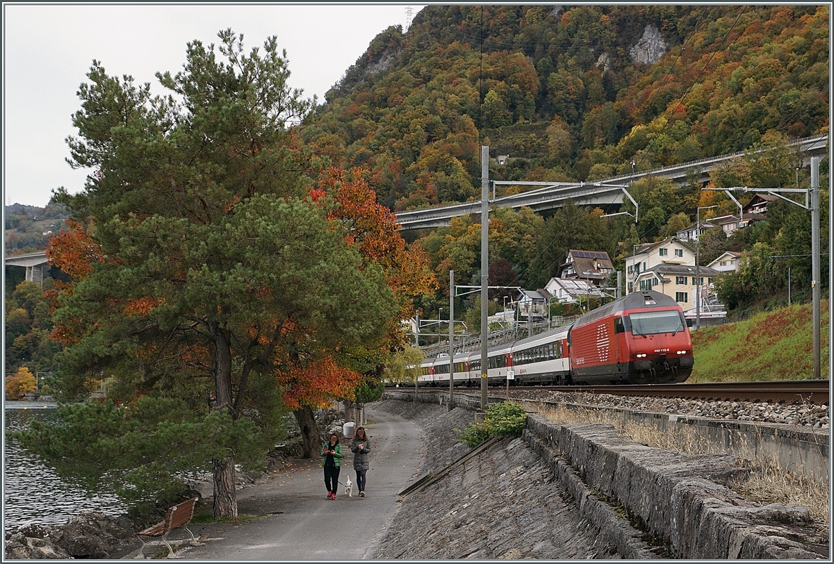 Der an drei Wochenenden stattgefunden Umleitungsverkehr der RE und IR 90 via die Train de Vigens Strecke ist zwar (zumindest für den Moment) beendet, doch durch den Fahrtrichtungswechsel der umgeleiteten Züge in Palézieux verkehren zur Zeit einige IR 90 in umgekehrter Reihenfolge, d.h. mit der Lok Seite Wallis.

Bei Villeneuve, den 20. Okt. 2020