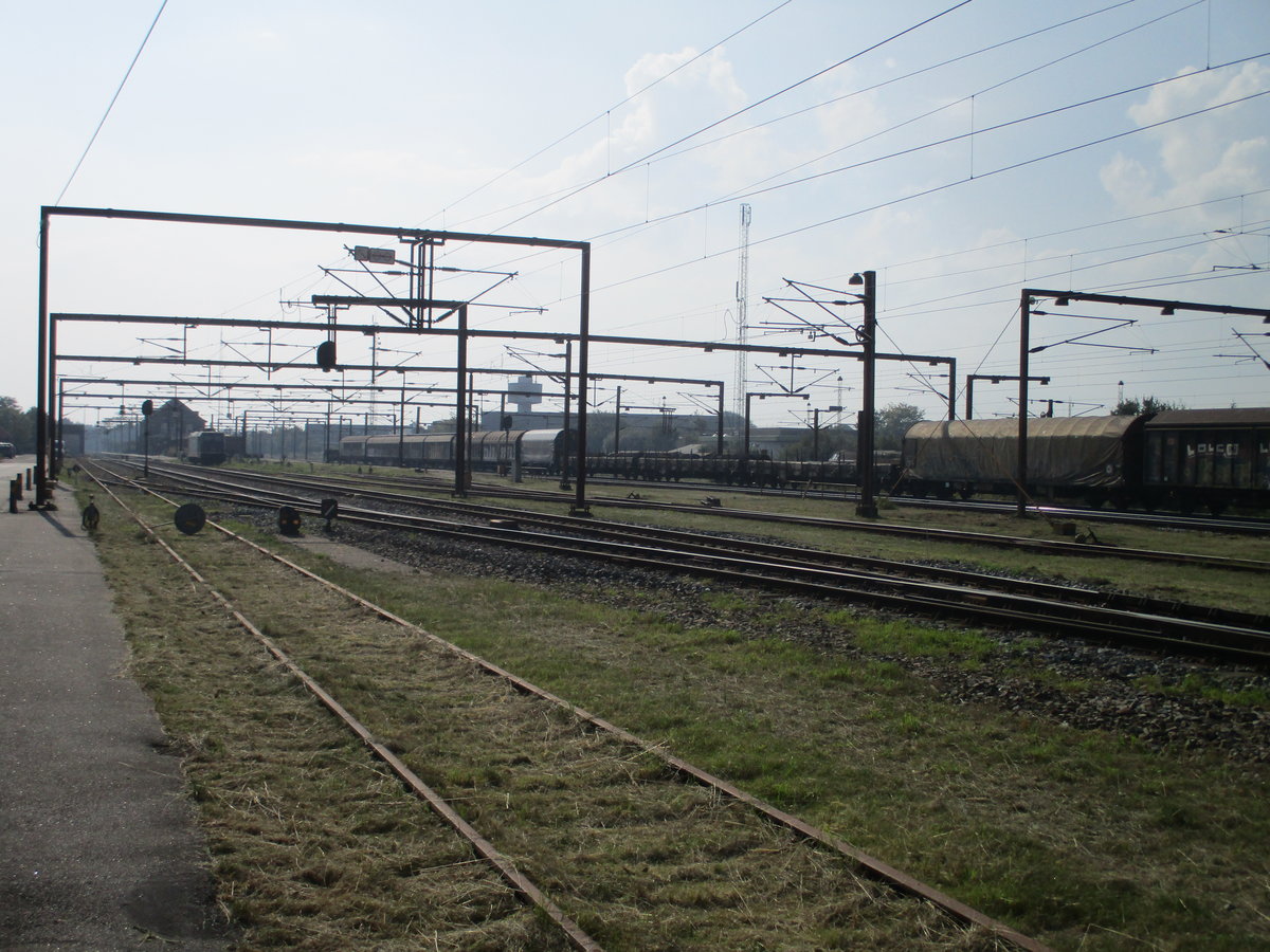 Der Bahnhof Padborg,leider im Gegenlicht,am 23.September 2020,in südlicher Richtung.