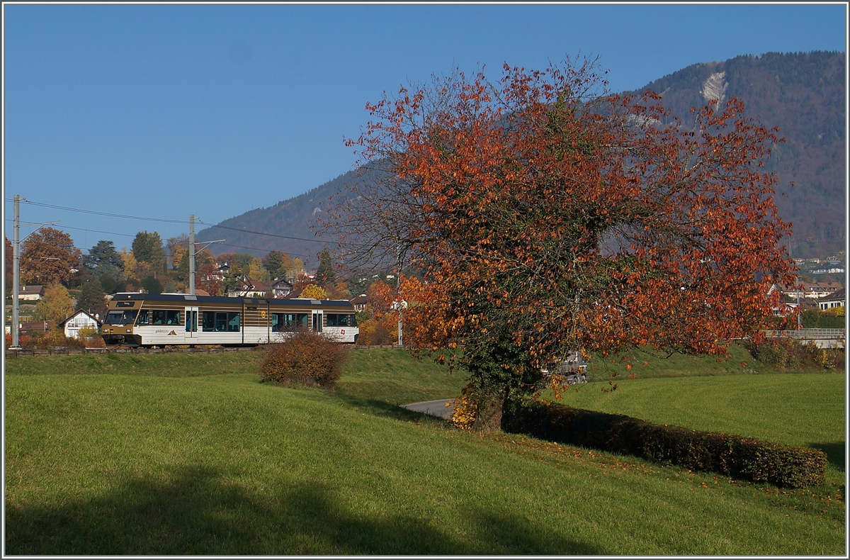 Der CEV GTW Be 2/6  Blonay  bei Château d'Hauteville am 2. Nov. 2015.
Druch die neuen SURF Züge werden die erst zwanzig jährigne Be 2/6 überflüssig und verkauft (an die asm und die MIB).
