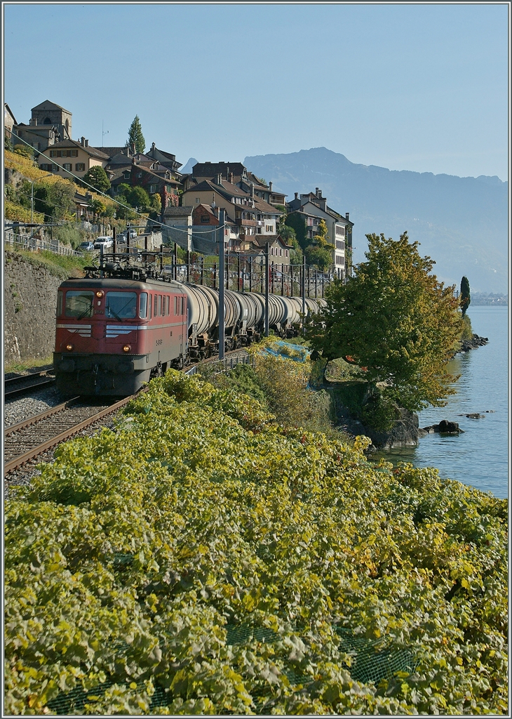 Die Ae 6/6 11424 mit einem Ölzug bei St-Saphorin.
18. Okt. 2011