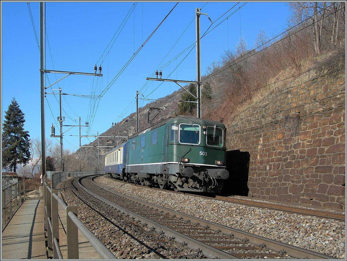 Die BLS Re 4/4 503 (ex SBB RE 4/4 II 11119) kurz vor Ankunft in Lalden mit einem ebenso bunten, wie langen RE von Bern oder Spiez (?) nach Brig am 8. Feb. 2008