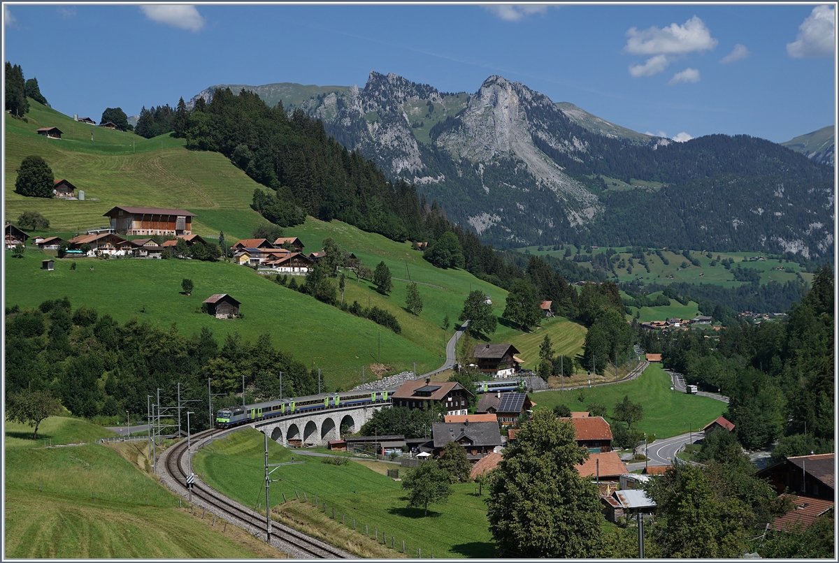 Die BLS Re 4/4 II 502 ist mit ihrem RE nach Interlaken Ost bei Garstatt unterwegs. 

11. August 2020