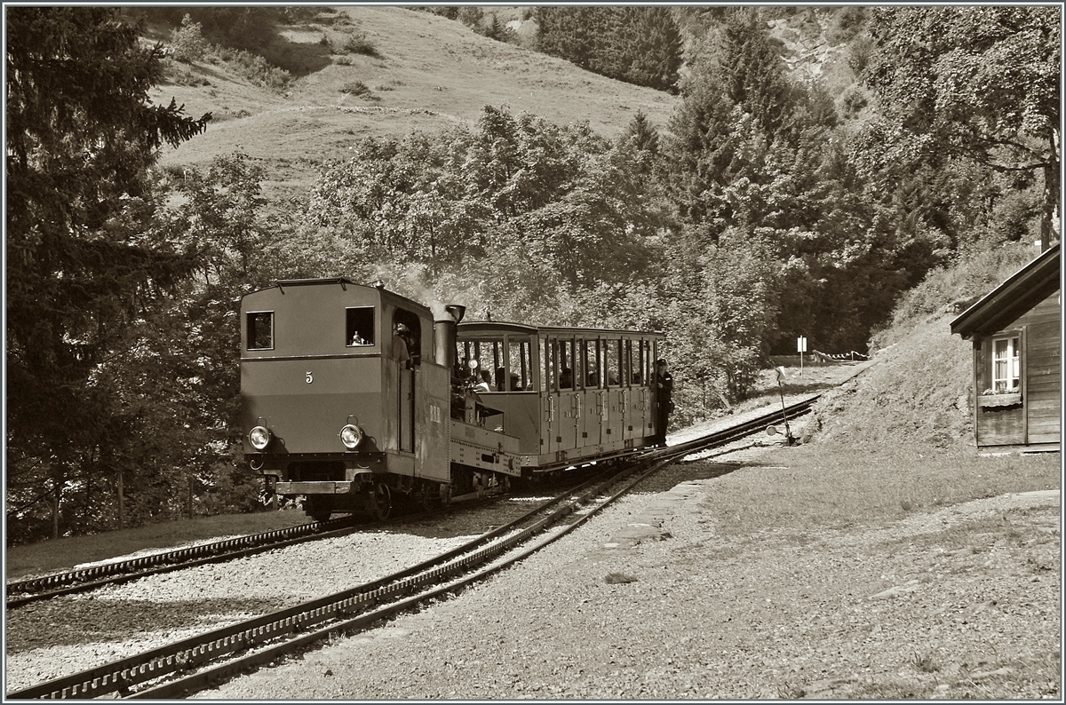 Die Kohlegefeurte Lok N�5 erreicht die Station Planalp.
 30. Aug. 2013