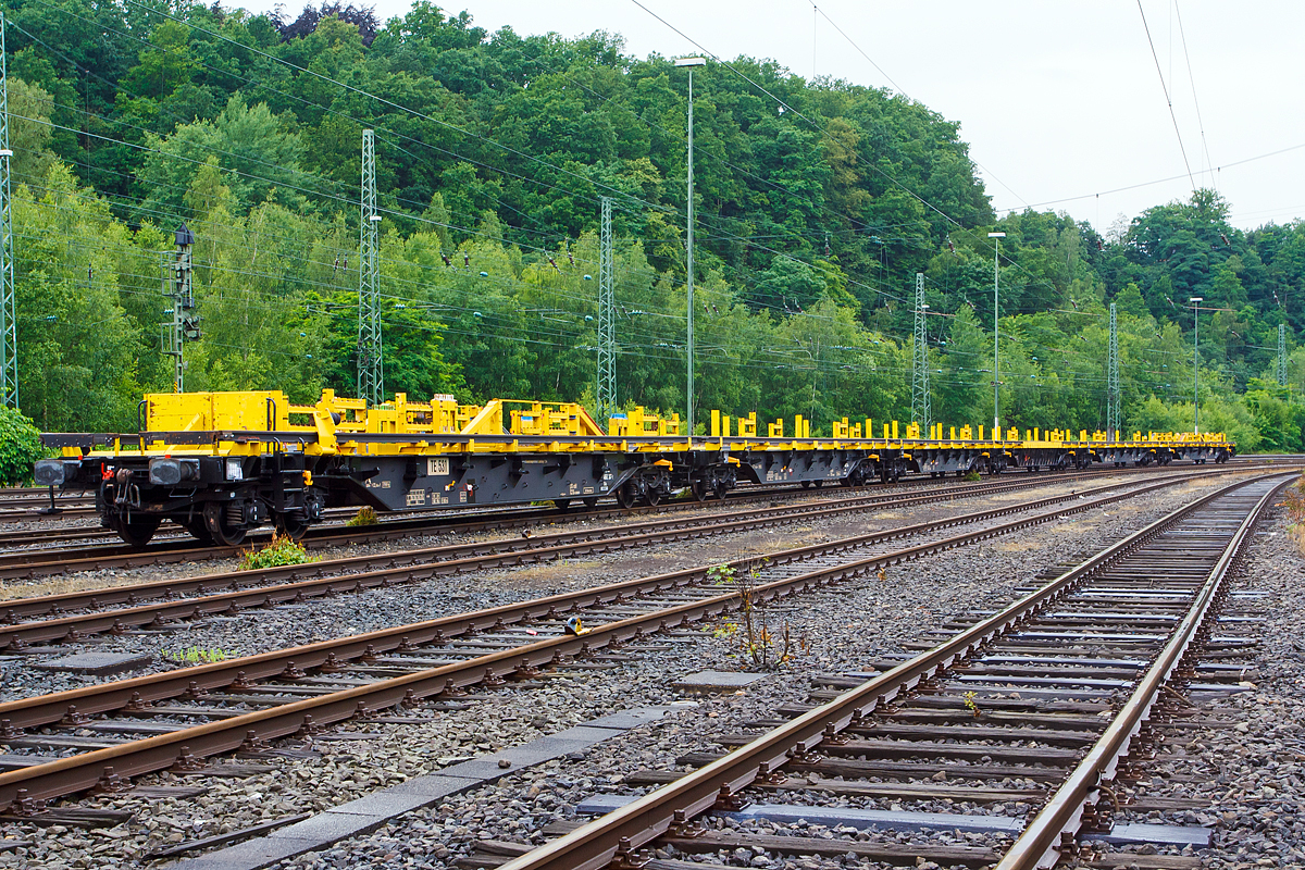 
Die Langschienentransporteinheit TE 535 (Ladelänge 120 m) der Bauart Robel (auf 4-achsigen Drehgestellwagen der Gattung Skks) der LOG Logistikgesellschaft Gleisbau mbH (mittlerweile Vossloh Logistics GmbH) abgestellt am 27.06.2012 in Betzdorf (Sieg).