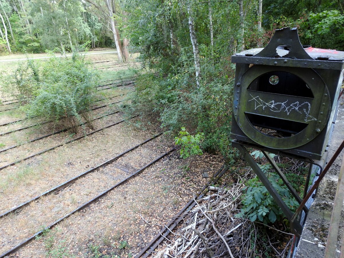Die Natur erobert sich ihren Bestand im Naturpark Südgelände Berlin, ehemals Verschiebebahnhof Tempelhof zurück. An der Wand schlummert ein Rest eines vor sich hinrostendes Gleissperrsignal am 05.09.2018.