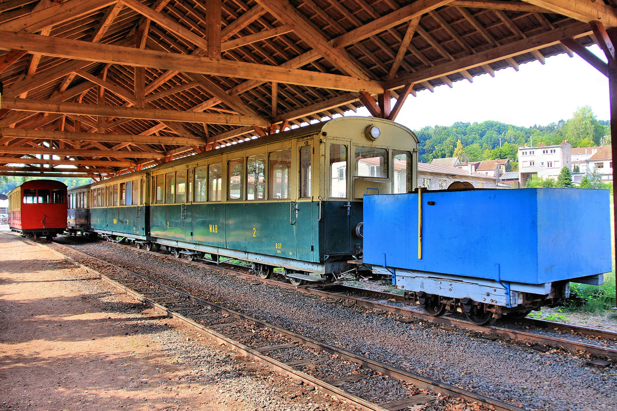 Die Wengernalpbahn-Wagen 37, 33 und 32 (noch grün/weiss) und 29 im Schuppen von Abreschviller. 22.Juli 2018 