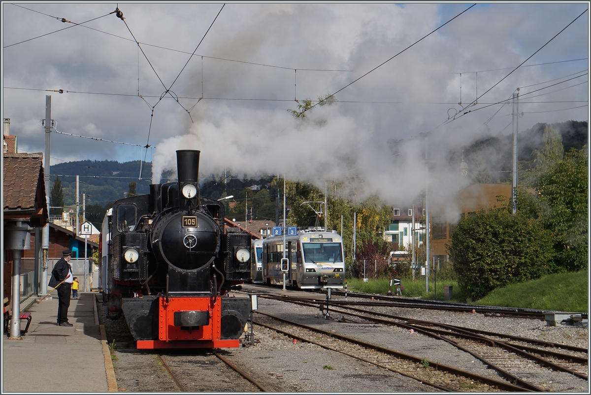 ...doch nachdem sich der Rauch und Dampf verzogen hat, zeigt sich die B-C G 2x 2/2 105 in voller Schnheit.
Blonay, den 4. Okt. 2015