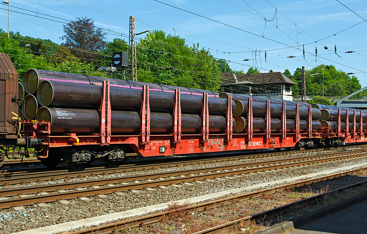 Drehgestell-Flachwagen mit vier Radstzen der DB Schenker Rail Deutschland AG mit der Betriebsnummer 81 80 3507 831-5 D-DB Rbns 646.1, beladen mit Grorohren, am 12.06.2014 im Zugverbund in Kreuztal. 

Dieser Drehgestellflachwagen mit vier Radstzen ist ausgestattet mit 10 Rungenpaaren mit Niederbindeeinrichtungen zur Verzurrung des Ladegutes, umlegbare Stirnwandklappen, feste Ladeschwellen.

Technische Daten der Gattung Rbns 646.1:
Lnge ber Puffer:  26.350  mm
Drehzapfenabstand:  20.050  mm
Gesamter Radsatzstand:  21.850  mm
Ladelnge:  25.008  mm
Ladebreite:  2.520  mm
Ladeflche:  63,0  m
Wagenhhe (Rungenoberkante):  3.360  mm
Wagenbreite:  3.020  mm
Rungenhhe:  1.980  mm
Hhe der Ladeschwellen:  100  mm
Fubodenhhe ber SO:  1.380  mm
Hchstgeschwindigkeit: 100 km/h (beladen) 120 km/h (leer)
Maximales Ladegewicht:  60,5  t
Eigengewicht:  29.500  kg
Drehgestell-Bauart:  629 (Y 25)
Drehgestell-Radsatzstand:  1.800  mm
Kleinster bef. Gleisbogenradius:  75  m
Bauart der Bremse:  KE-GP
Handbremse:  tlw. Fbr
Austauschverfahren:  81
Hersteller:  FW Gniewczyna (Polen)