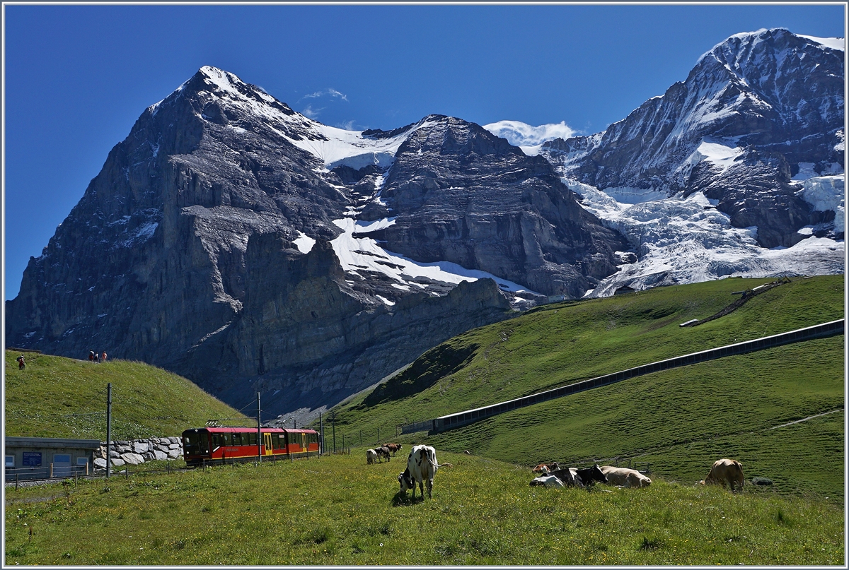 Eiger, Mönch und Jungfraubahn; der neue Jungfraubahn-Zug Bhe 4/8 auf der Fahrt Richtung Kleine Scheidegg.
8. August 2016