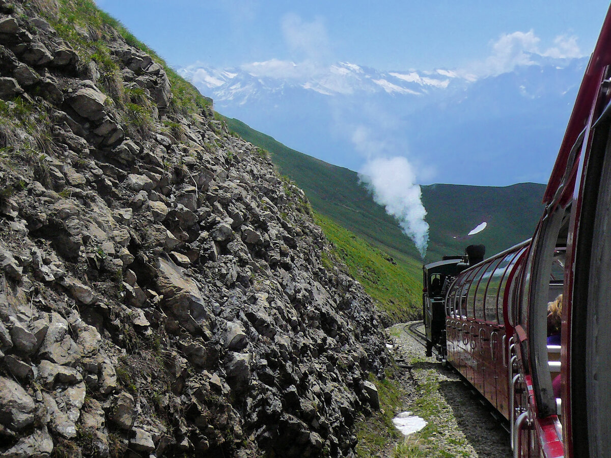 Ein weiterer Ort wo die Aufnahme des Zuges von aussen fast unmöglich ist (mit Ausnahme von Bildern von der Bergstation ins Tal hinunter blickend): das Gelände unterhalb der Bergstation ist extrem steil und gefährlich, vor allem wenn das Gras feucht ist. So ist dieses Bild aus dem Zug, mit Lok 16. 25.Juni 2010 