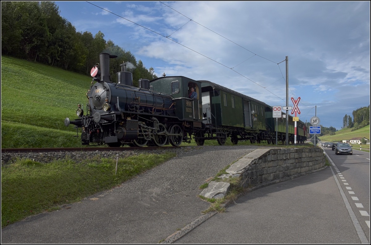 Fahrtag DVZO mit 120-jähriger Lady.

Ed 3/3 401 'Bauma' in Bäretswil. Oktober 2021