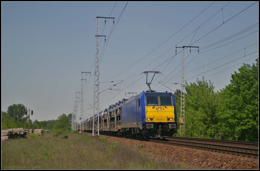 HSL Logistik 146 521-0 fuhr am 19.05.2017 mit neuen Autos durch die Berliner Wuhlheide