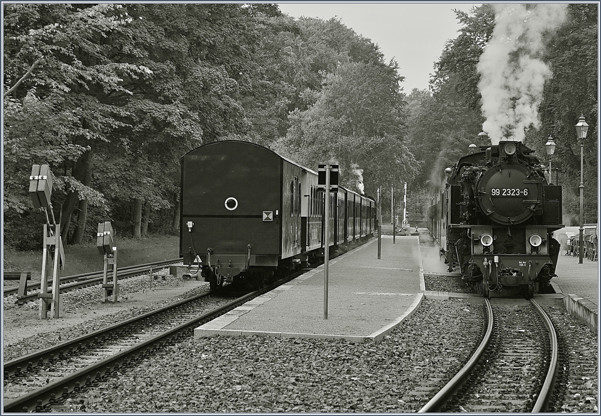 In Heiligendamm kreuzen sich die Molli-Züge der Mecklenburgischen Bäderbahn. Während die im Bild nicht zu sehende 99 2321-0 mit ihrem Zug, dessen Packwagen im Bild zu sehen ist, Richtung Kühlungsborn unterwegs ist, strebt die 99 2323-6 Bad Doberan entgegen. 28 Sept. 2017