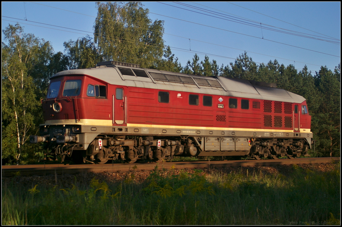 LEG 132 004 / 232 204-0 fuhr am Abend des 29.08.2017 solo durch die Berliner Wuhlheide. Interessanterweise fand man für die Schlussscheiben Platz an den Drehgestellen.