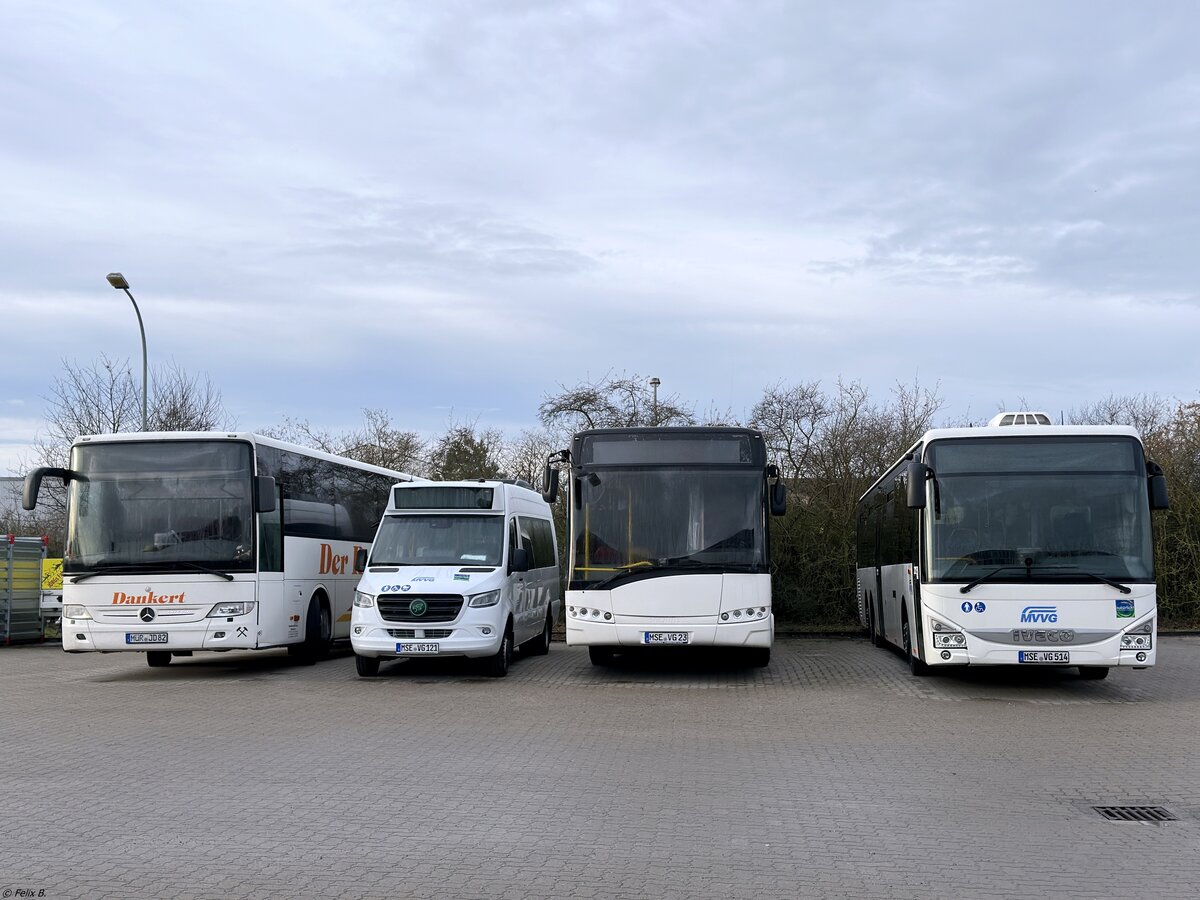 Mercedes Integro von Dankert aus Deutschland und Tremonia Mercedes Sprinter, Solaris Urbono 15 und Iveco Crossway der MVVG in Waren.