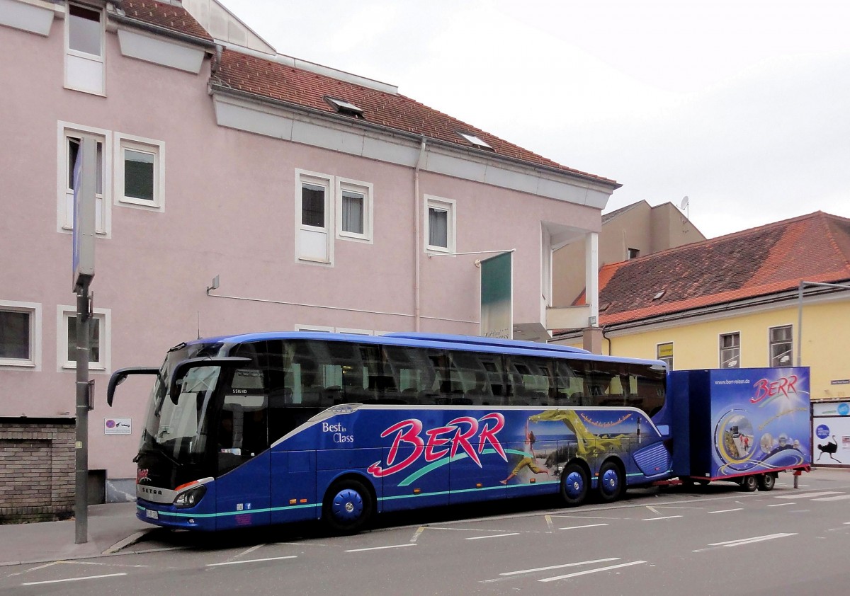 Neuer SETRA 516 HD von BERR Reisen BRD mit toll gestyltem Radhnger am 20.8.2013 in Leoben/sterreich gesehen.