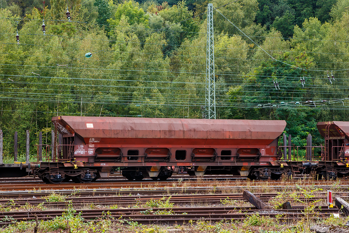 Offener Drehgestell-Schüttgutwagen mit dosierbarer Schwerkraftentladung und vier Radsätzen, 31 80 6941 665-5 D-DB, Gattung Facs 124, der DB Cargo Deutschland AG, abgestellt am 20.09.2021 in Betzdorf/Sieg.

Die DR (Deutsche Reichsbahn) ließ zwischen 1978 und 1980 bei ANF Industrie (Frankreich) über 1.450 vierachsige offene Selbstentladewagen mit vier Kammern bauen, die zunächst als Eads-y (5970) eingereiht werden. Bei der DB AG werden die Wagen 1994 in Facs 124 umgezeichnet.

Bei den offenen Selbstentladewagen hat der Laderaum die Form mehrerer nebeneinander stehender Trichter. Der Entladevorgang erfolgt über die Schwerkraft des Ladegutes.
Mehrere Auslauföffnungen mit Drehschiebern ermöglichen die restlose Entladung des Wagens nach der einen oder anderen Seite. Die Menge ist regulierbar - so wie es zum Beispiel für die Entladung über Förderband erforderlich ist. Geeignet sind die Wagen für den Transport nicht nässeempfindlicher Güter in loser Schüttung. Die Drehschieber über einer Einrichtung auf der Bühne an einer Stirnseite des Wagens können einzeln bedient werden.

Der Wagen ist für den Transport von Nässe unempfindlichen Schüttgütern vorgesehen.
Das Untergestell besteht aus miteinander verschweißten Blechen und Walzprofilen. Der Wagenkasten ist eine Schweißkonstruktion und besteht aus vier Trichtern. Querrippen teilen den Wagenkasten in vier Räume, von denen jeder an seinem Unterteil zwei Entladeöffnungen aufweist, die sich an beiden Seiten der horizontalen Mittellinie des Wagens befinden. Über jeder Entladeöffnung ist am Kastenblech eine Stütze für einen Vibrator angeschraubt.
Die acht kreisförmig ausgebildeten Wölbschieber sind auf Rollen gelagert und verschieben sich auf Laufbahnen, die außerhalb der Rinnen angebracht sind. Unter jeder Entladeöffnung sind eine feste und eine schwenkbare Auslaufrutsche angeordnet. Die schwenkbaren Auslaufrutschen werden einzeln durch einen Hebel betätigt, der in der Nähe der Rutsche angebracht ist. Die Betätigung der Wölbschieber erfolgt von der Bedienungsplattform aus.
Die Entladung des Wagens erfolgt nach Öffnen der Schieber durch die Schwerkraft des Ladegutes. Für den Zugang zur Bedienungsplattform sind zwei Auftritte mit Gitterrosten (500 x 160 mm) vorhanden.

Das Entfernen von Ladegutresten in der Be- oder Entladestraße ist nur durch leichte Gummihammerschläge auf die äußeren Behälterwandungen gestattet oder durch den Einsatz von Pressluftlanzen im Laderaum!

TECHNISCHE DATEN:
Hersteller: ANF Industrie (Frankreich)
Spurweite: 1.435 mm
Achsanzahl: 4 (in 2 Drehgestellen)
Länge über Puffer: 19.040 mm
Drehzapfenabstand: 14.000 mm
Achsabstand im Drehgestell: 1.800 mm
Größe der Beladeöffnung: 1.800 x 15.300 mm
Laderaum: 70 m³
Breite der festen Auslaufrutschen: 600 mm
Breite der schwenkbaren Auslaufrutschen: 476 mm
Wagenhöhe: 4.000 mm
Höchstgeschwindigkeit: 100 km/h (beladen) / 120 km/h (leer)
Maximales Ladegewicht: 56,0 t (ab Streckenklasse C)
Eigengewicht: 23.820 kg
Drehgestell-Bauart: Y 25 Cs – 639
Kleinster bef. Gleisbogenradius: 75 m
Bauart der Bremse: KE-GP
International Verwendung: RIV