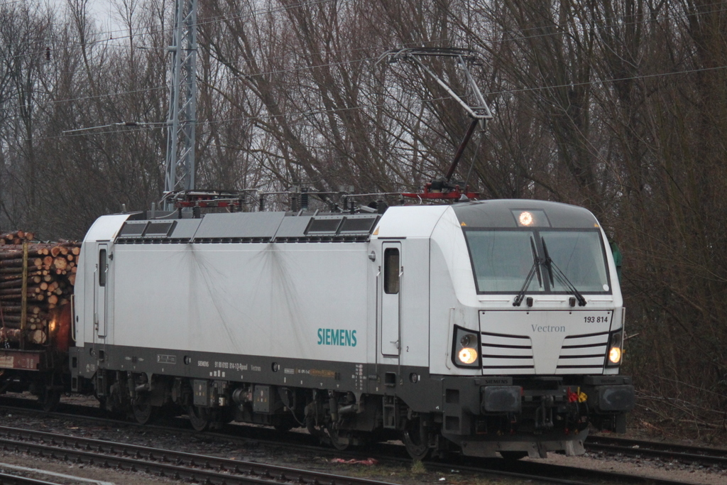 Railpool/SETG-Vectron 193 814-1 mit Holzzug von Rostock-Bramow nach Stendal-Niederg�rne kurz vor der Ausfahrt im Bahnhof Rostock-Bramow.21.02.2015