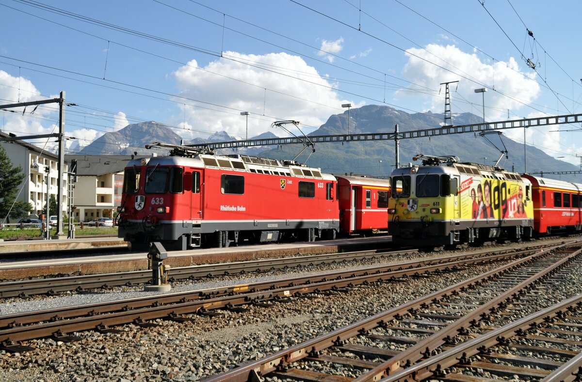 RhB Ge 4/4 II Nr.633 und 611 in Samedan am 19.08.2009.