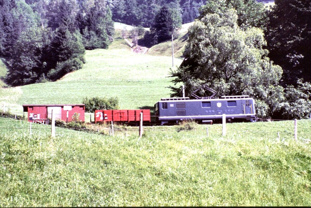 SBB (Br�nig) HGe 4/4 Nr.1992; Inbetriebsetzung 1954; L�P 13,20 m; 54 t; mit G�terzug; 2180 PS; Vmax 50 km/h Adh�sion; 33 km/h Zahnstange; am 23.08.1979 am Br�ning-Pass.