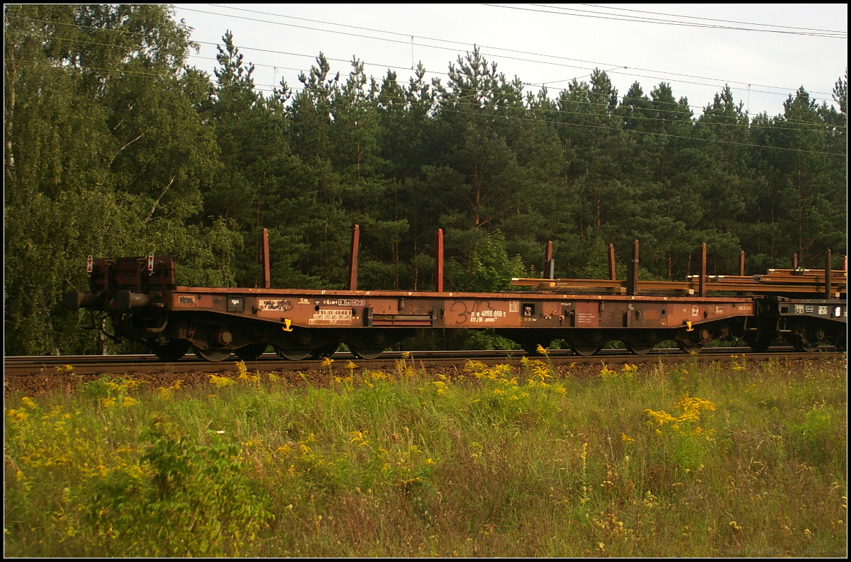 Sechsachsiger Drehgestell-Flachwagen zum Transport schwerer Walzprofile oder anderer sperriger Güter sowie schwerer Kettenfahrzeuge. Der Wagen hat pro Längsseite sechs Einsteckrungen und je zwei Fallrungen an den Stirnseiten, die die 435 mm hohen, umklappbaren Stirnwandklappen sichern (31 RIV 80 D-DB 4858 668-5 Samms 709)