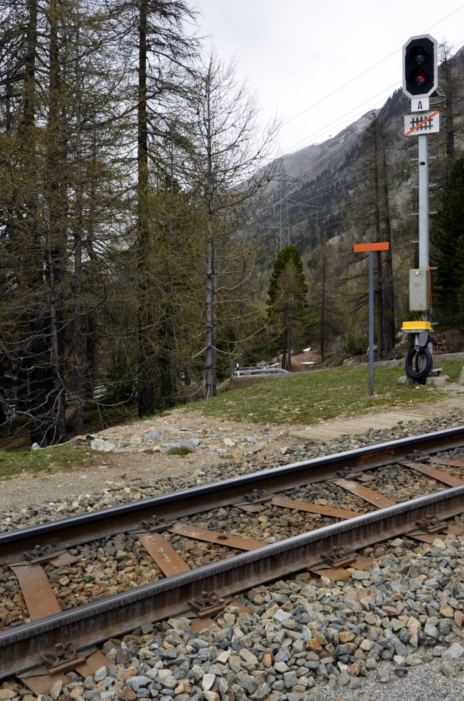 Sensibilisiert, beim Fotografieren auch auf die Schwellenform zu achten (durch dieses Bild mit Bildbeschreibung von Armin, http://hellertal.startbilder.de/bild/deutschland~strecken~kbs-461-oberwesterwaldbahn/339718/gleis-mit-y-schwellen-s-54-schienen-und.html) habe ich diese Schwellen in der Montebello-Kurve bei der Station Morteratsch an der Bernina-Strecke gesehen. (15.05.2014)